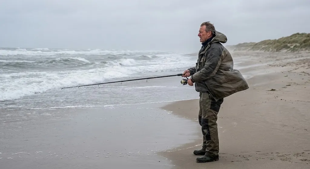 An angler casting on a sandy beach