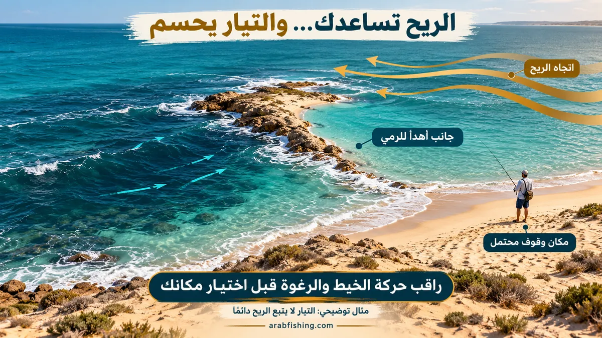 Illustration of wind and current direction at the shore
